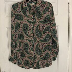 Boden 100  silk Print Long-Sleeve Blouse in Green and Tan